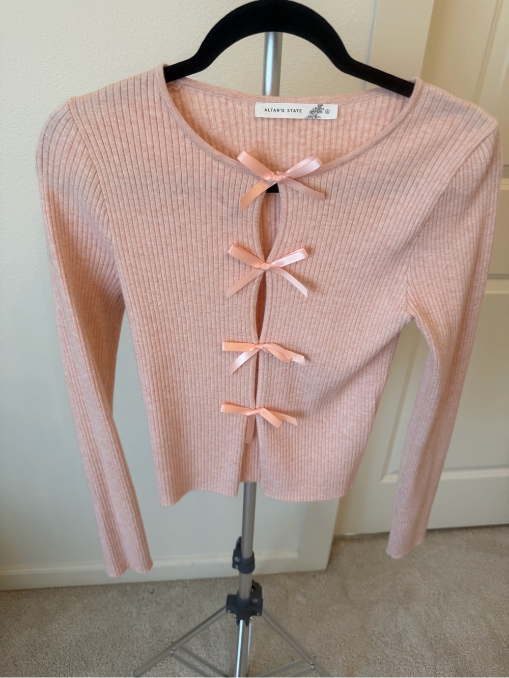 Altar'd State Blush Pink Ribbed Bow-Front Long Sleeve Top